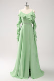 Light Green A Line Cold Shoulder Chiffon Long Bridesmaid Dress with Ruffles