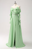 Light Green A Line Cold Shoulder Chiffon Long Bridesmaid Dress with Ruffles