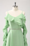 Light Green A Line Cold Shoulder Chiffon Long Bridesmaid Dress with Ruffles