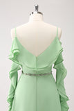 Light Green A Line Cold Shoulder Chiffon Long Bridesmaid Dress with Ruffles