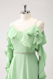 Light Green A Line Cold Shoulder Chiffon Long Bridesmaid Dress with Ruffles