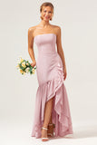 Pink Mermaid Strapless Asymmetrical Bridesmaid Dress with Ruffle Slit