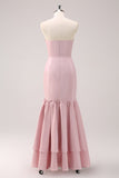 Pink Mermaid Strapless Asymmetrical Bridesmaid Dress with Ruffles