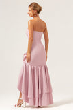 Pink Mermaid Strapless Asymmetrical Bridesmaid Dress with Ruffle Slit