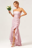 Pink Mermaid Strapless Asymmetrical Bridesmaid Dress with Ruffle Slit