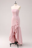 Pink Mermaid Strapless Asymmetrical Bridesmaid Dress with Ruffles