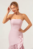 Pink Mermaid Strapless Asymmetrical Bridesmaid Dress with Ruffle Slit