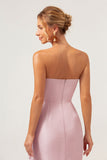 Pink Mermaid Strapless Asymmetrical Bridesmaid Dress with Ruffle Slit