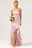 Pink Mermaid Strapless Asymmetrical Bridesmaid Dress with Ruffle Slit