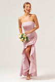 Pink Mermaid Strapless Asymmetrical Bridesmaid Dress with Ruffle Slit