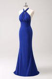 Glitter Mermaid Blue Halter Pleated Backless Long Prom Dress