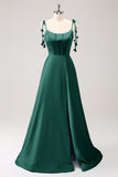 Dark Green A Line Spaghetti Straps Lace Up Back Long Prom Dress with Slit