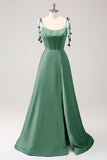 Dark Green A Line Spaghetti Straps Lace Up Back Long Bridesmaid Dress with Slit