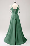 Dark Green A Line Spaghetti Straps Lace Up Back Long Bridesmaid Dress with Slit