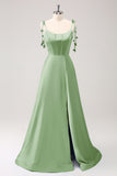 Dark Green A Line Spaghetti Straps Lace Up Back Long Prom Dress with Slit