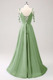 Dark Green A Line Spaghetti Straps Lace Up Back Long Prom Dress with Slit