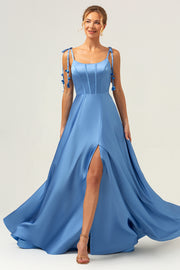 A Line Spaghetti Straps Corset Lace Up Back Long Blue Bridesmaid Dress with Slit