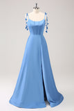 Blue A Line Spaghetti Straps Lace Up Back Long Bridesmaid Dress with Slit