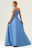 A Line Spaghetti Straps Corset Lace Up Back Long Blue Bridesmaid Dress with Slit