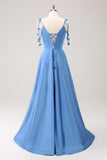 Blue A Line Spaghetti Straps Lace Up Back Long Prom Dress with Slit