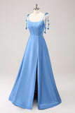 Blue A Line Spaghetti Straps Lace Up Back Long Prom Dress with Slit