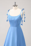 Blue A Line Spaghetti Straps Lace Up Back Long Prom Dress with Slit