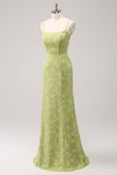 Elegant Green Mermaid Embroidery Bridesmaid Dress with Lace Up Back