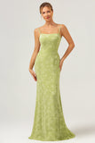 Green Mermaid Spaghetti Straps Long Bridesmaid Dress with Lace Up Back