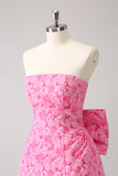 Cute Hot Pink A Line Strapless Print Short Homecoming Dress with Bow