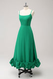 Elegant Green A Line Spaghetti Straps  Bridesmaid Dress with Ruffle