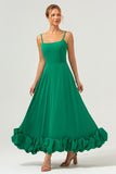 Elegant Green A Line Spaghetti Straps Long Bridesmaid Dress