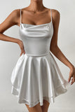 Cute White A Line Spaghetti Straps Tiered Mini Dress with Lace Up Back