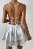 Cute White A Line Spaghetti Straps Tiered Mini Dress with Lace Up Back