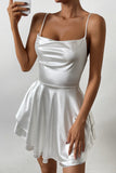 Cute White A Line Spaghetti Straps Tiered Mini Dress with Lace Up Back