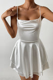 Cute White A Line Spaghetti Straps Tiered Mini Dress with Lace Up Back