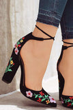 Hollowed-out Embroidery Faux Suede Pointed Toe Ankle Strap High Heels