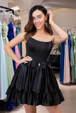 Cute Black A Line Strapless Corset Ruffle Beaded Homecoming Dress with Bows