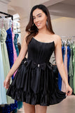 Cute Black A Line Strapless Corset Ruffle Beaded Homecoming Dress with Bows