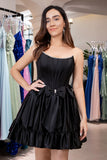 Cute Black A Line Strapless Corset Ruffle Beaded Homecoming Dress with Bows