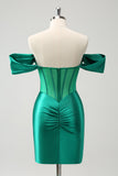 Glitter Green Tight Off the shoulder Corset Homecoming Dress with Beading