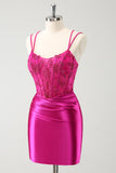 Glitter Fuchsia Rushed Corset Short Tight Homecoming Dresses with Lace Up Back