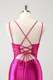 Glitter Fuchsia Rushed Corset Short Tight Homecoming Dresses with Lace Up Back