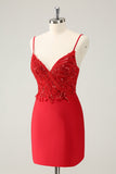 Gorgeous Red Bodycon Spaghetti Straps Short Homecoming Dress with Sequins