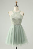 Dusty Green A Line Halter Short Homecoming Dress with Sequins