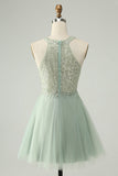 Dusty Green A Line Halter Short Homecoming Dress with Sequins