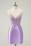 Gorgeous Lilac Bodycon Spaghetti Straps Short Homecoming Dress with Sequins