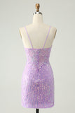 Sparkly Lilac Bodycon Spaghetti Straps Sequins Mini Homecoming Dress with Slit