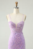 Sparkly Lilac Bodycon Spaghetti Straps Sequins Mini Homecoming Dress with Slit