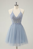 Cute Dusty Blue A Line Spaghetti Straps Beaded Short Homecoming Dress with Appliques