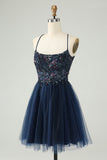 Glitter Navy A Line Spaghetti Straps Backless Tulle Homecoming Dress with Sequins